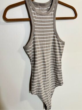 Abercrombie & Fitch Taupe and White Striped Ribbed Tank Bodysuit